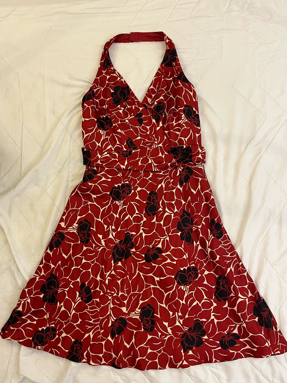 Ann Taylor Red Hawaiian V-neck Floral Silk Halter A-line Dress Size 4